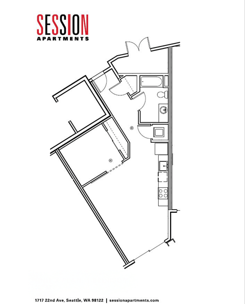 A black and white image of a floor plan for Session Apartments.